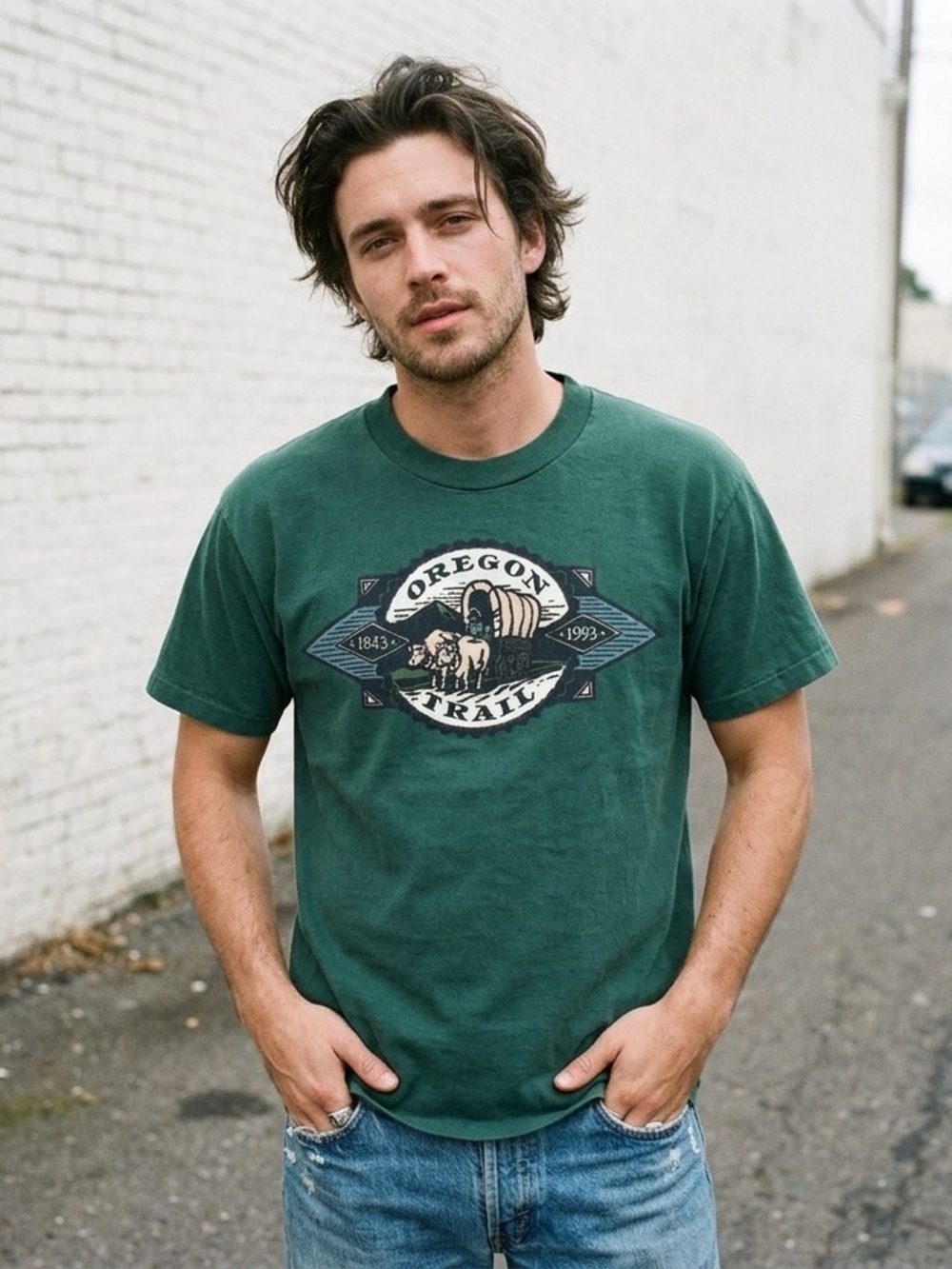 Vintage 90s Single Stitch Hanes Oregon Trail T-Shirt Green 100% Cotton USA S/M